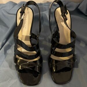 Franco Sarta Strappy Heel Slingback Sandals. 3.5” Flared Heel. Patent Leather